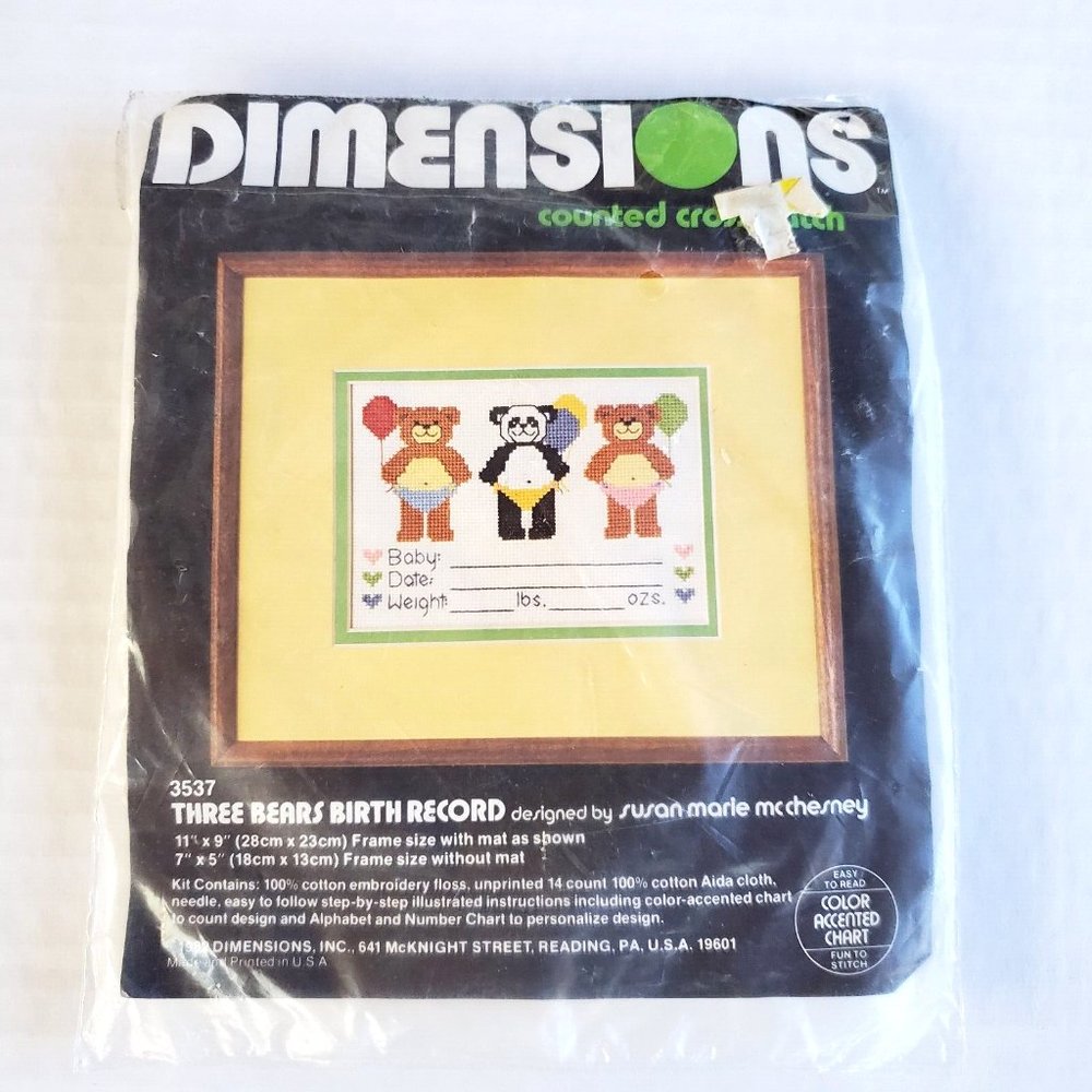 Vtg 1982 Dimensions Counted Cross Stitch Three Bears Baby Birth Record Kit 3537